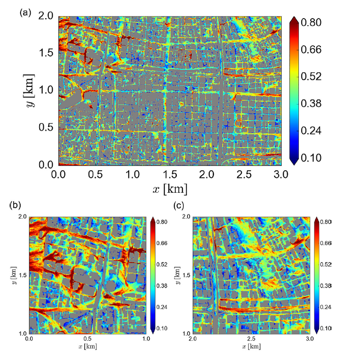 ​​The spatial distribution of the maximum wind speed in downtown Osaka